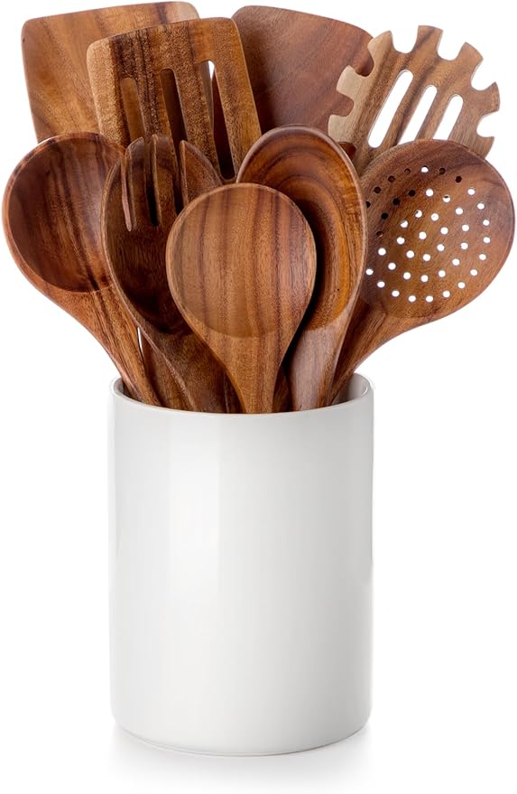 Nucookery Wooden Cooking Utensils Set with Holder, Teak Wood Kitchen Utensils Set, Ceramic Utensils Holder for Countertop, Nonstick Wooden Spoons for Cooking Spatula Set 10 Pcs, Natural Kitchen Decor