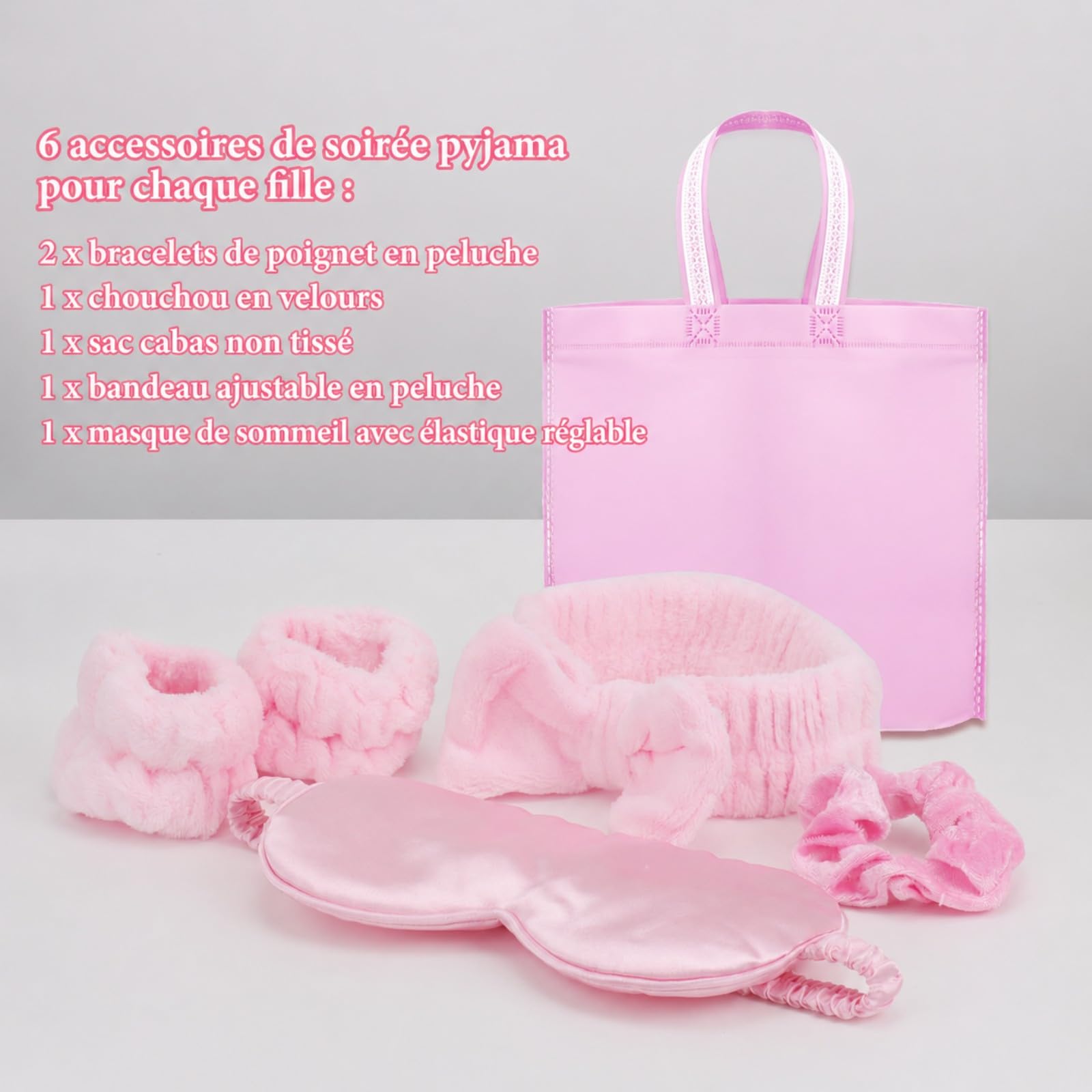 48 Pièces Kit Fête Spa Fille, Accessoires Soirée Pyjama avec Bandeaux, Bracelets, Masques de Sommeil, Chouchous et Sacs, Cadeaux Invités Anniversaire Enfant (Rose, Taille Unique)