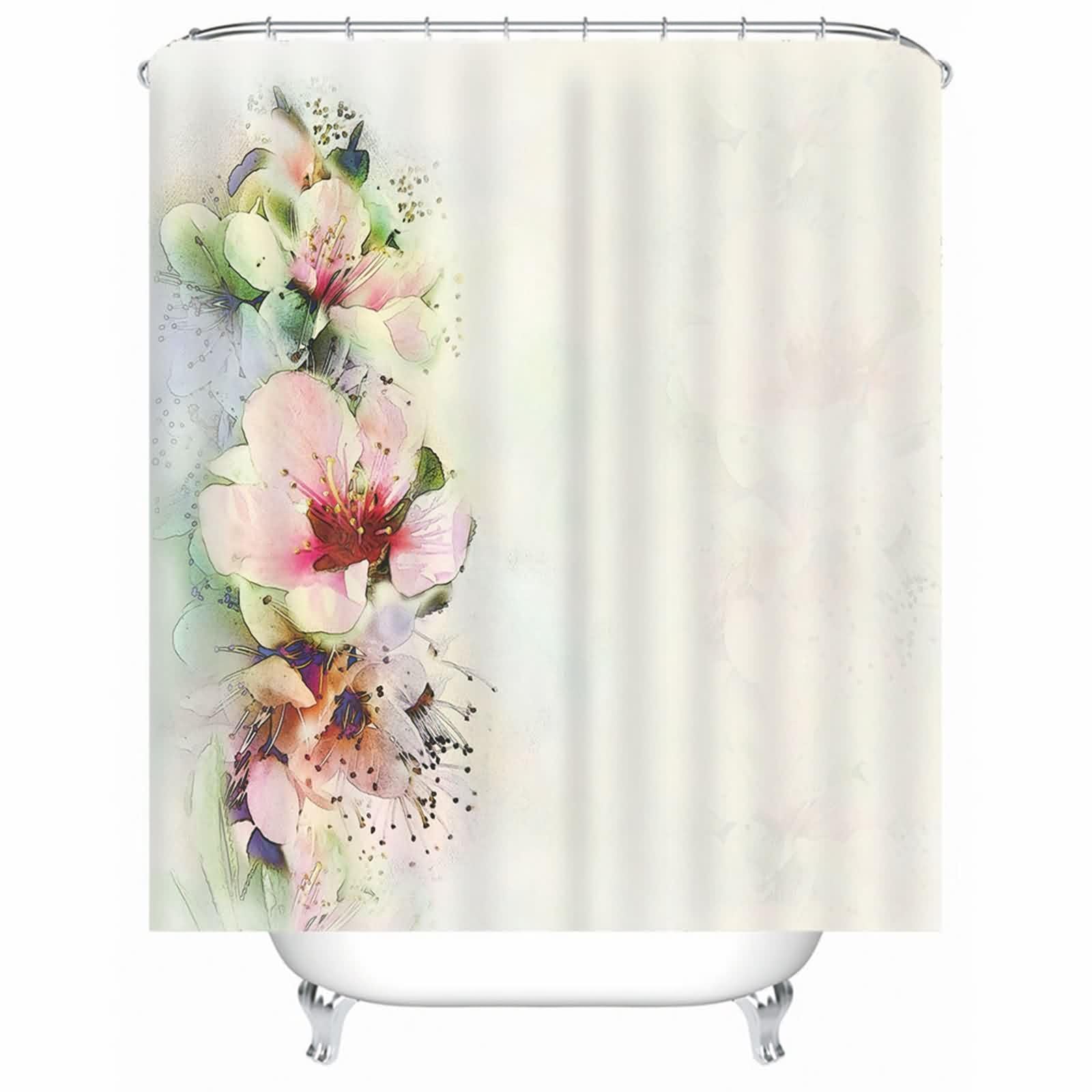 Duschvorhang Wasserdicht Textil Stoff Weiß, Blumen Muster Badvorhang Polyester Anti-Schimmel Schnell Trocknend mit Duschvorhangringen