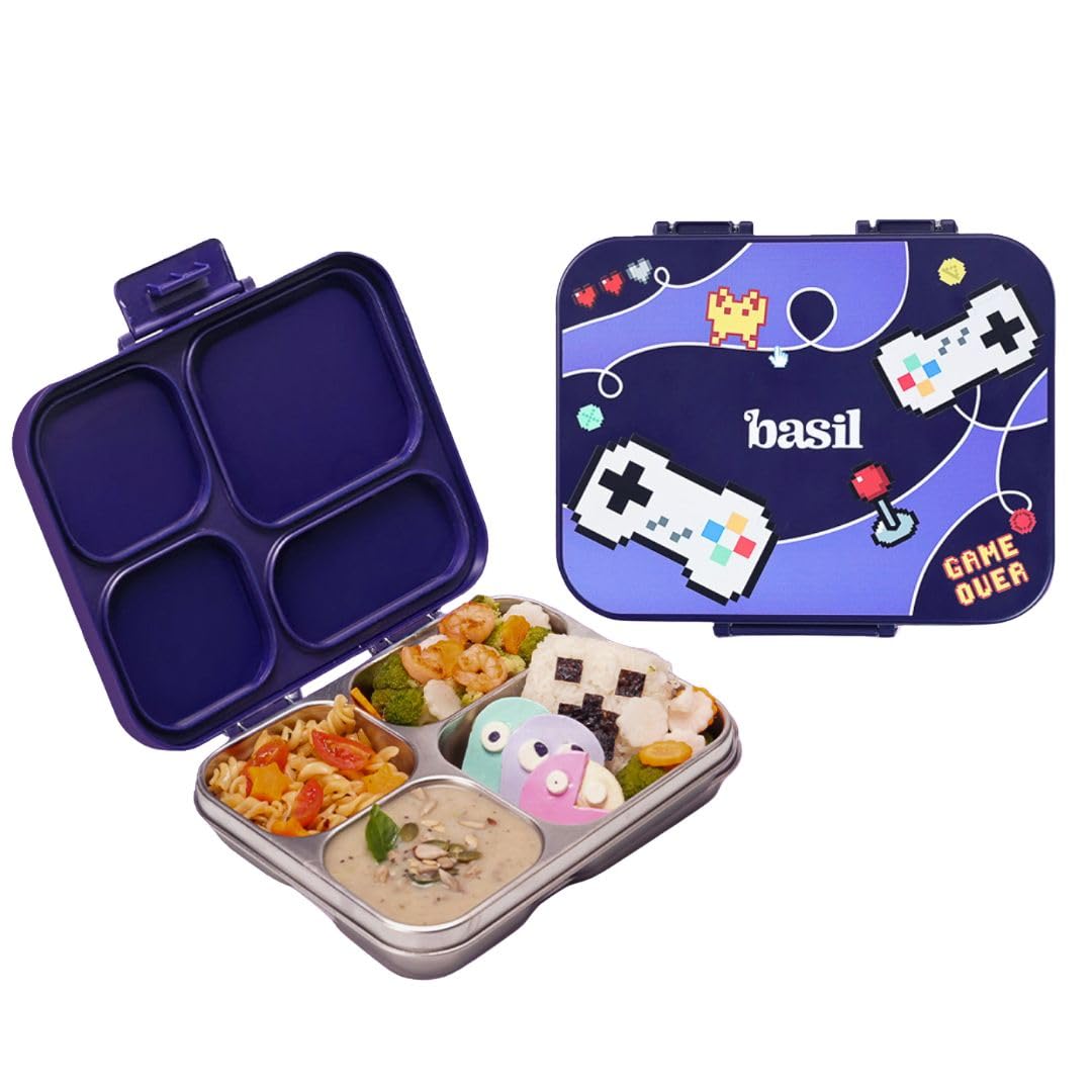 Basil Bento Ace 4C Stainless Steel Lunch Box for Kids | 4 Compartment Leakproof Tiffin Box for Teens & Adults | BPA-Free, Easy-to-Open School Lunch Box | Pixel Rush