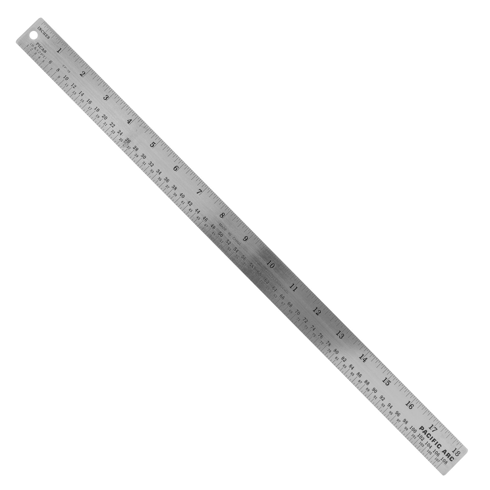 Pacific Arc Stainless Steel Ruler with Inch and Pica Measurements, 18 Inches Rubber Backed