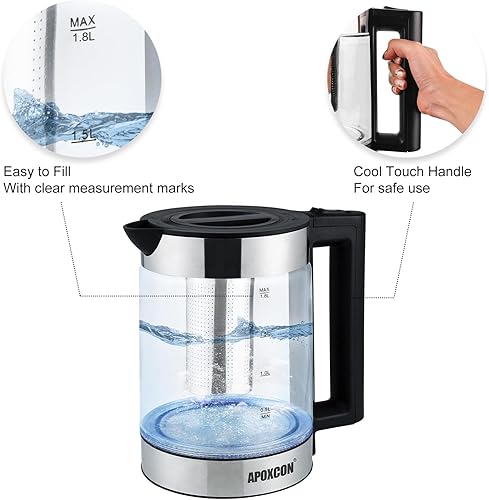 Miniatura 3 de Hervidor eléctrico para agua hirviendo, hervidor de té de 1.8 L con infusor extraíble, caldera de agua de vidrio de borosilicato con luz LED,