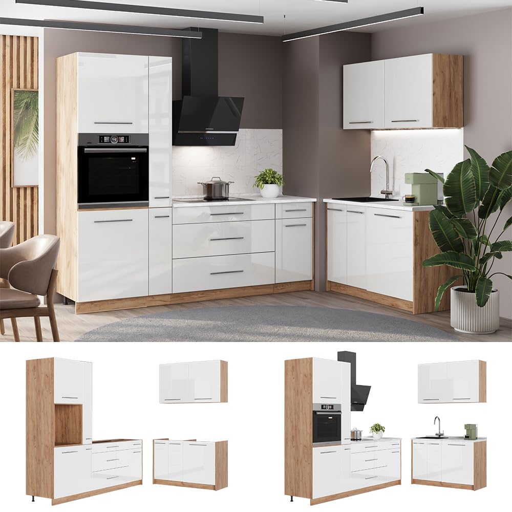 Vicco Kuchnia "Fame-Line", Biały wysoki połysk/Dąb goldkraft, 220 x 120 cm