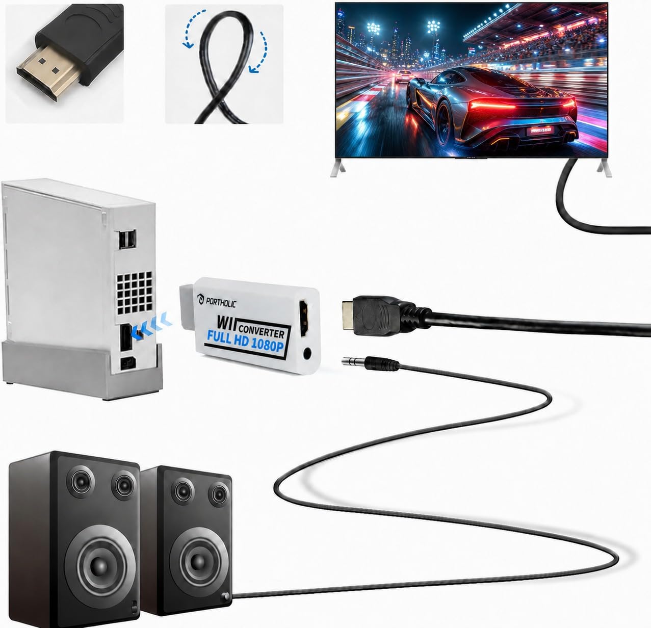 PORTHOLIC Wii to HDMI Converter 1080P for Full HD Device, Wii HDMI Adapter with 3,5mm Audio Jack&HDMI Output Compatible with Wii, Wii U, HDTV, Monitor-Supports All Wii Display Modes 720P, NTS — Amazon image 5