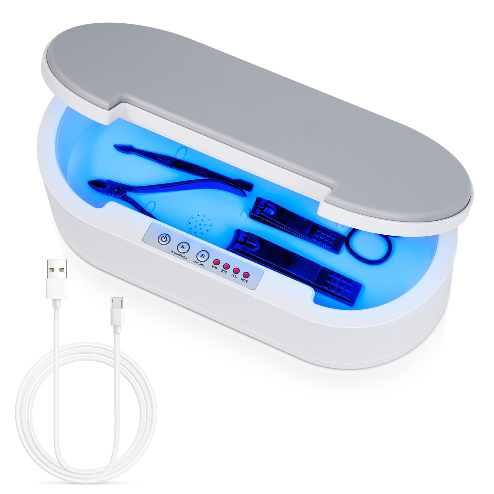 Esterilizador de herramientas de uñas, multifunción con luz azul, caja esterilizadora de limpieza de aromaterapia para joyas, gafas, teléfono, manicura de uñas, herramientas de maquillaje