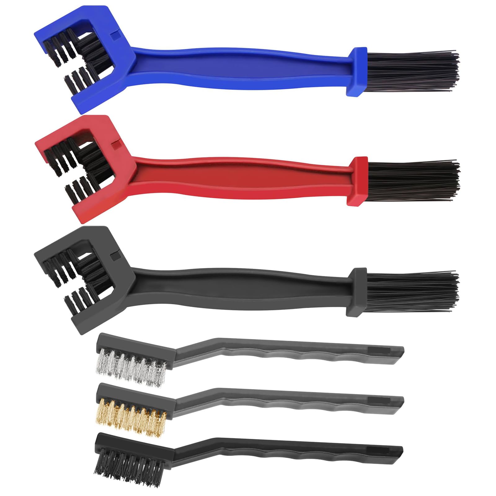 6 Stück Ketten Reinigungsbürste, Kettenreiniger Bürste, Kettenreiniger Motorrad, Kettenreiniger Fahrradkette, Motorrad Fahrrad Wartungswerkzeug, Schwarz, Blau und Rot