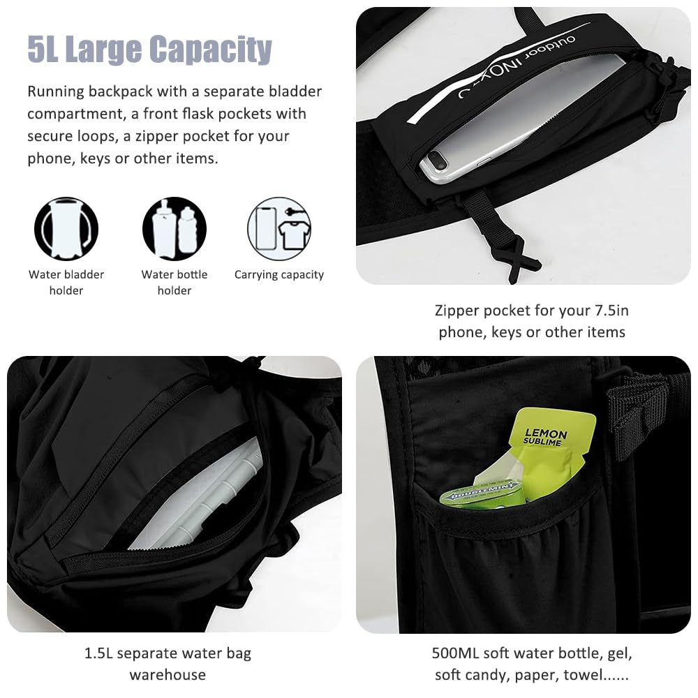 Trinkweste, Rucksack, 5 l, leicht, Laufweste, Rucksack, verstellbare Brustgurte, Trinkweste, mit Wasserblasentasche oder weicher Flasche