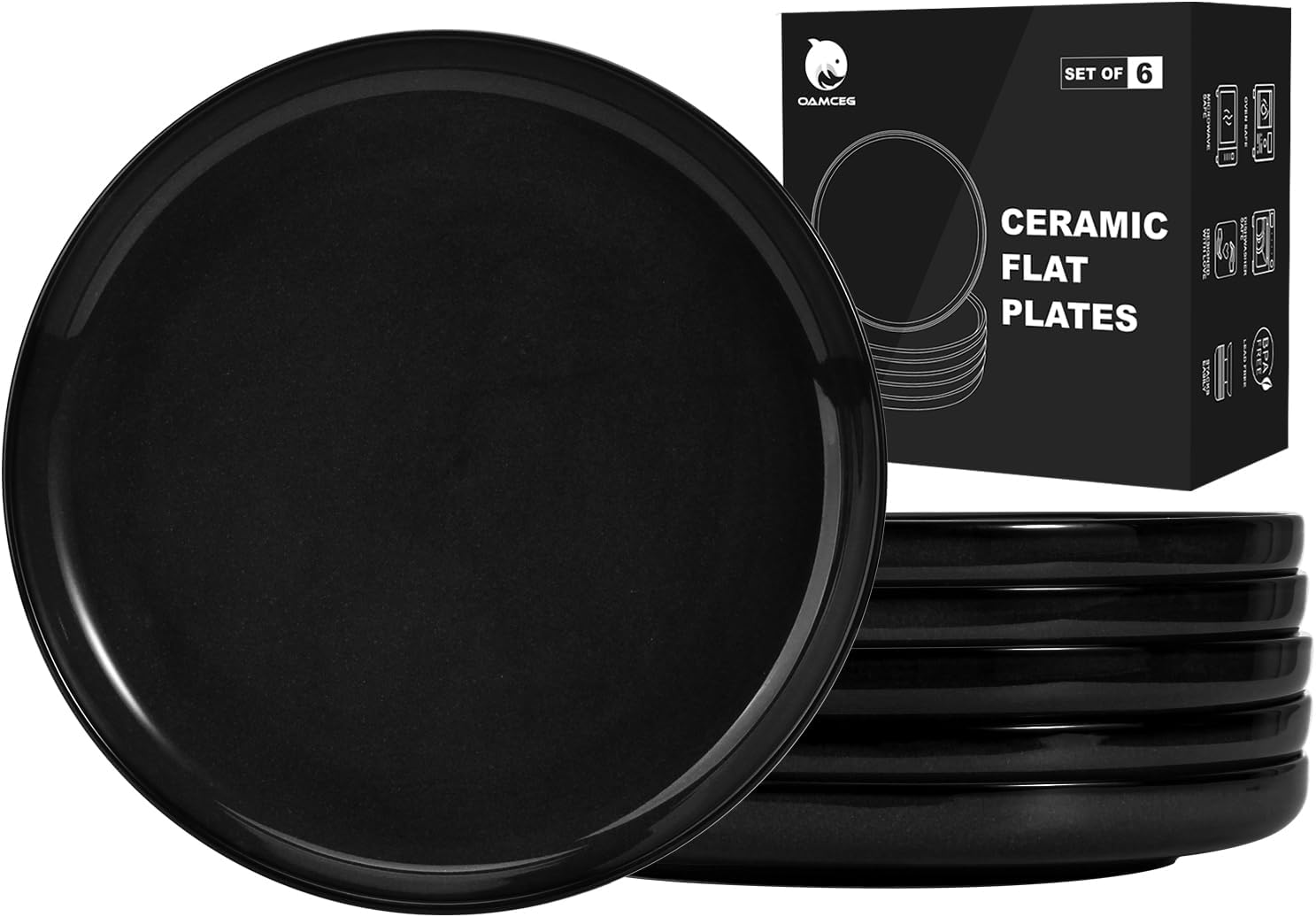 10.5 Inches Ceramic Plates Set of 6 - Porcelain Flat Salad Plates Set, Black Dinner Plates, High Edge Modern plates for Kitchen, Microwave & Dishwasher & Oven Safe, Scratch Resistant Dishes Set