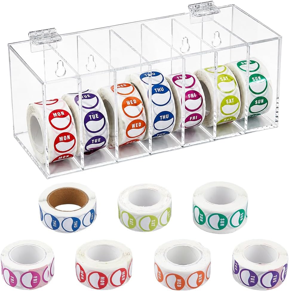 DICOSMETIC 7000Pcs Day of the Week Labels and Acrylic Label Dispenser Wall Mount Sticker Roll Dispenser Holder for Kitchen Restaurant Expiration Date