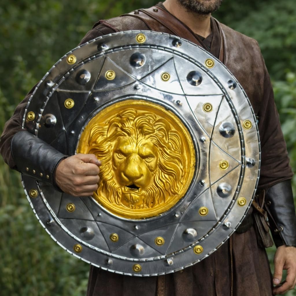 Medieval Warrior Shield, Silver and Gold, Lion Head Design, Round Battle Shield with Star Pattern, Decorative Costume Accessory 4