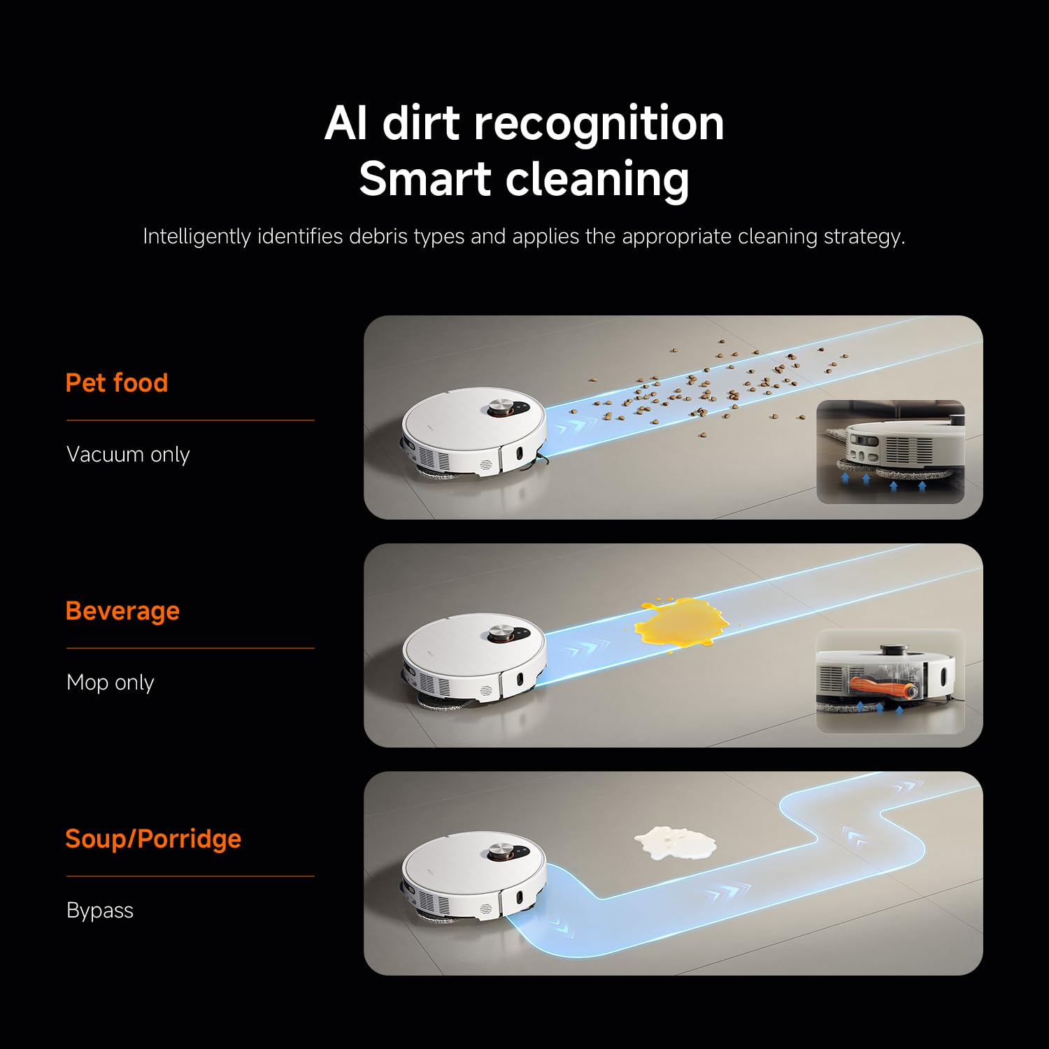 Xiaomi Robot Vacuum 5 Pro demonstrating AI dirt recognition for pet food, beverage, and soup spills