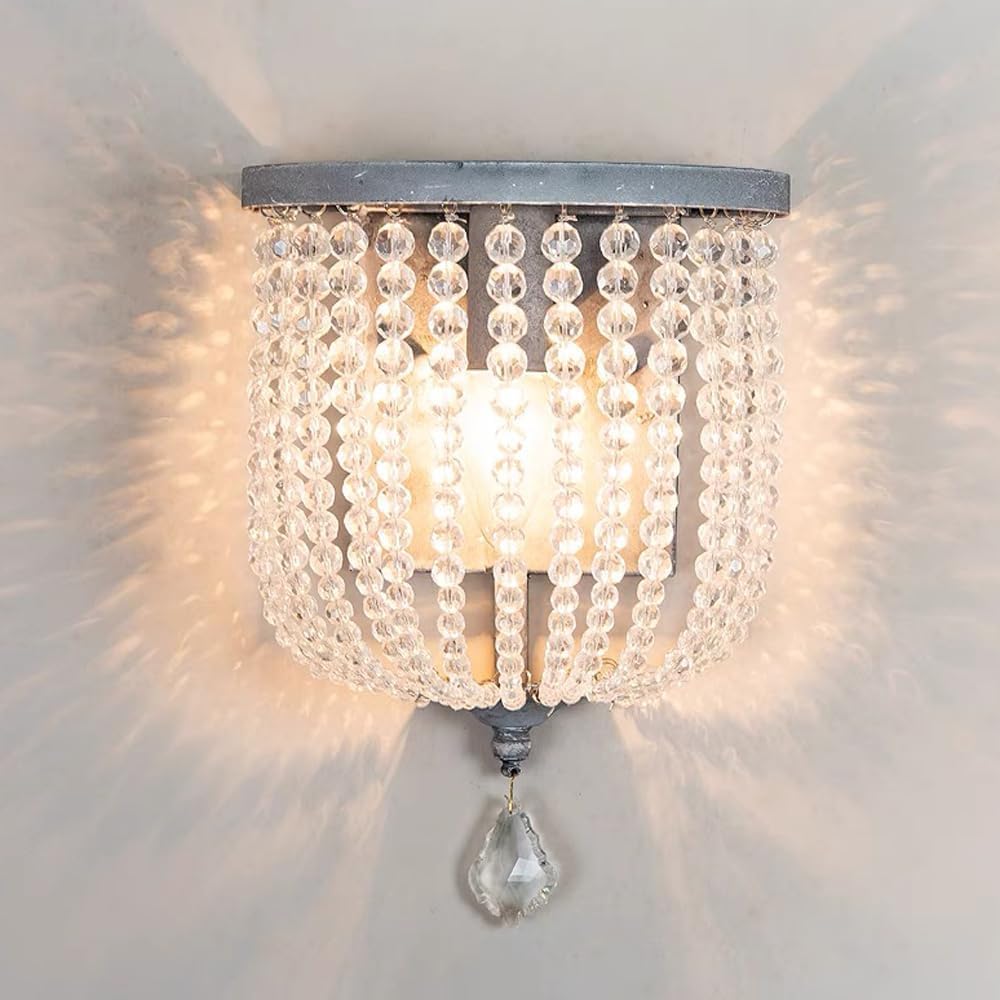 HYJAUSXB Retro Crystal Wall Sconce Antique Chrome Lamp E14 Hardwired K9 Drop V-intage Farmhouse Decorative Lighting Fixture, Pendant Light