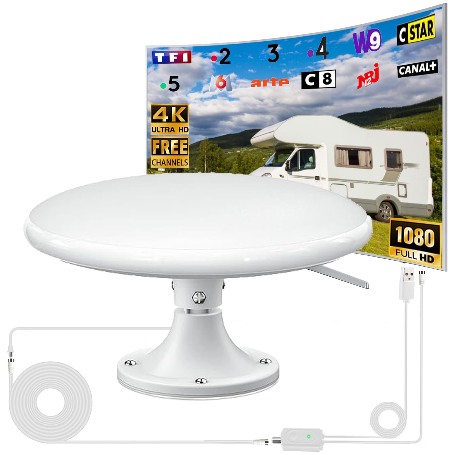 Antenne TV Exterieure/Intérieur Puissante HD 4K, Réception Omnidirectionnelle 360° Antenne TNT Exterieur, pour Camping Car, Caravane, Fourgon, Van, Camion, Bateau-35 FT Câble Coaxial﻿ (Pure White)
