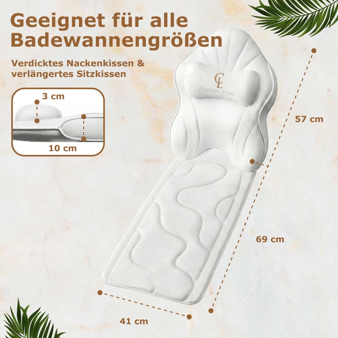 Badewannenkissen Ganzkörper Badekissen (126x41cm) - Badewannenmatte mit Kopfstütze (13cm) unterstützt Nacken, Rücken und Beine - Mit Wasch- und Reisebeutel und einem Hängehaken für Trocknen - Weiß