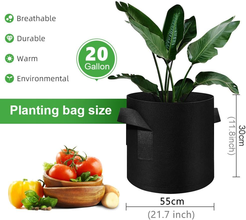 5 Pack 20 Gallon Grow Bags, Heavy Duty Thickened Nonwoven Fabric Pots with Handles, Planter Grow Bags for Vegetables/Flower/Plant/Fruits, Black