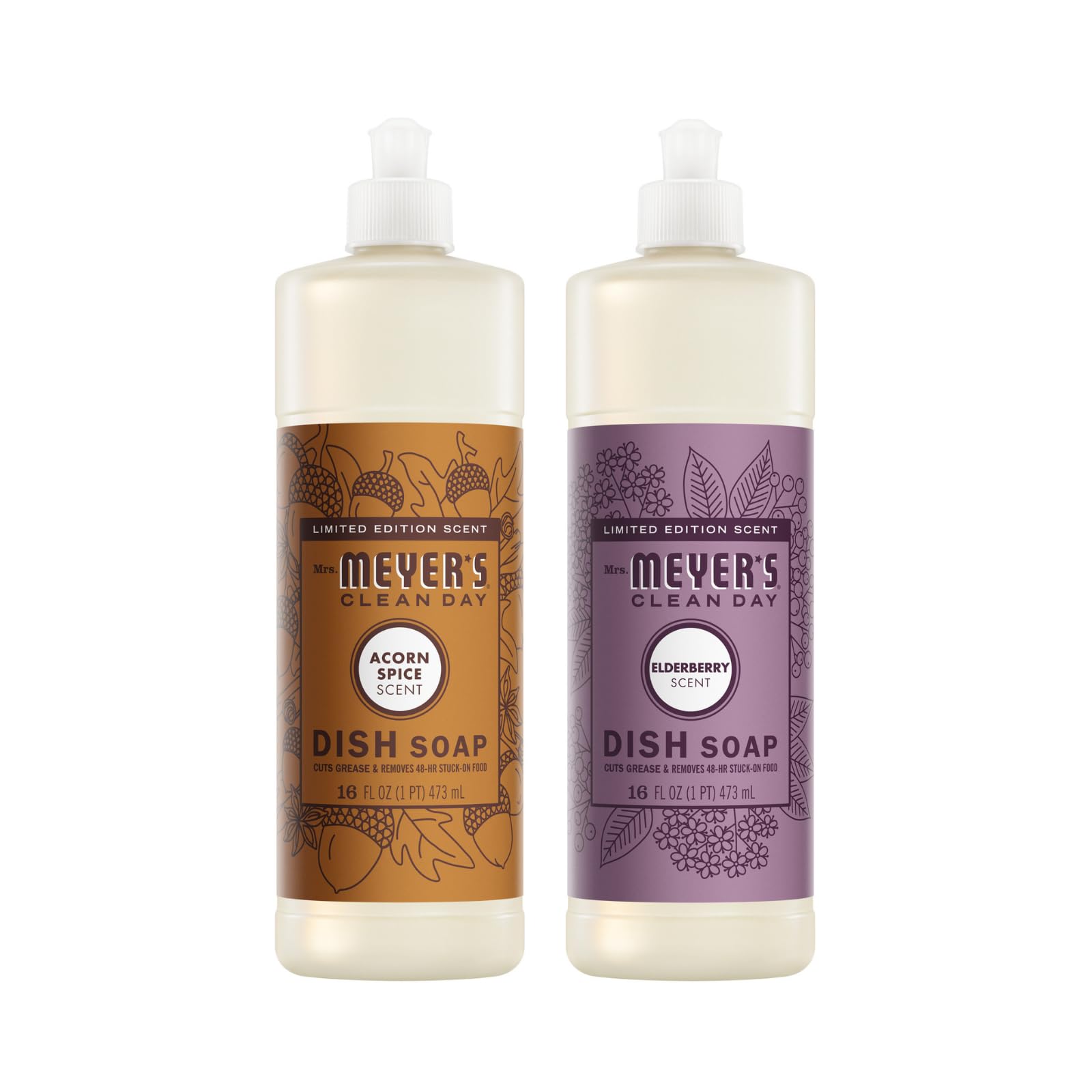 Mrs. MEYER'S Clean Day Liquid Dish Soap, Acorn Spice, Elderberry, 16 FL OZ, 2 CT (Variety Pack)
