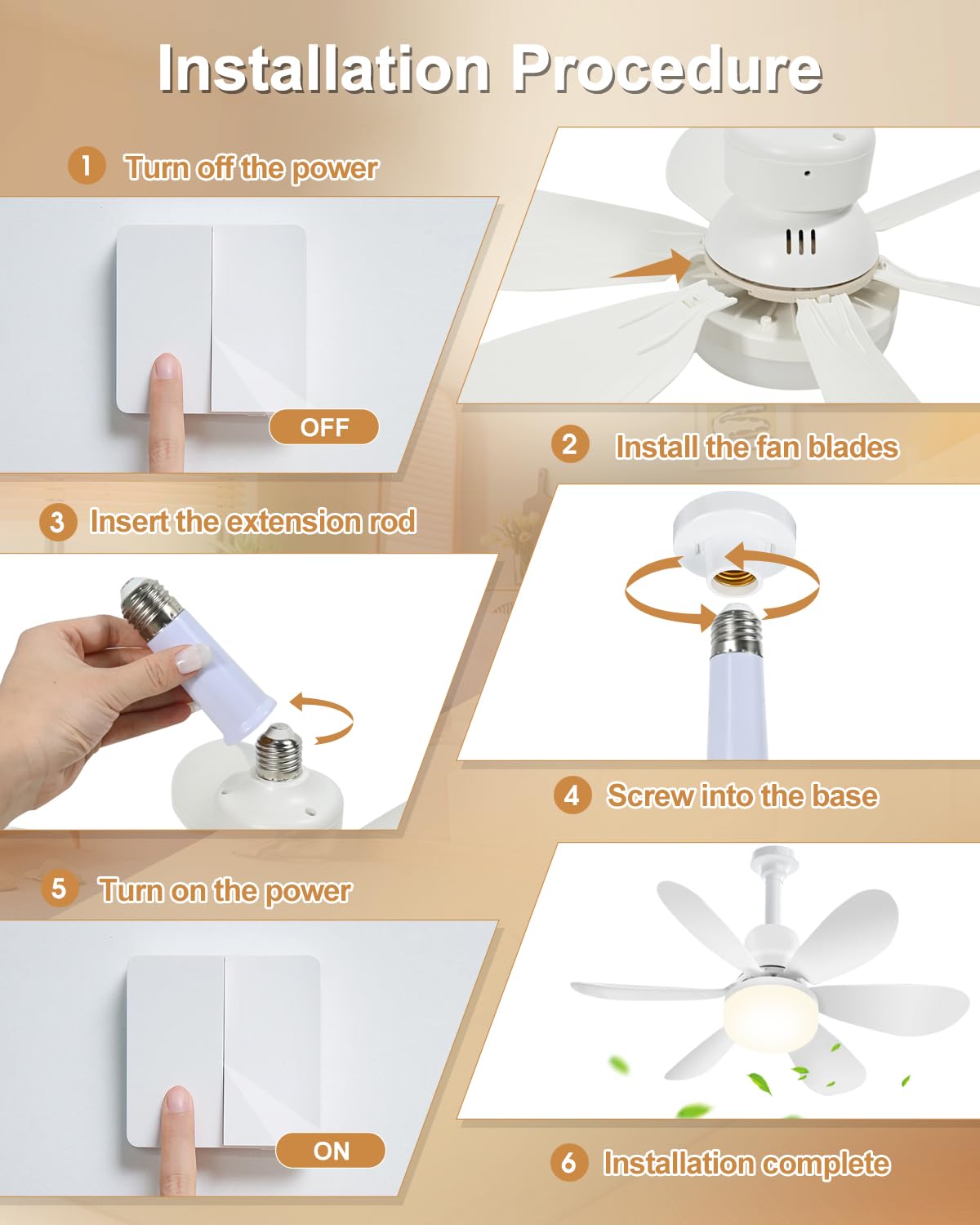 Ulikey Ventilatore da Soffitto con Luce, 12 Pale Plafoniera Soffitto (6 Bianco +6 Legno), 52CM LED Dimmerabile Ventola Soffitto, con Base E27, 3 Velocità, Silenziosa, per Soggiorno, Lamera da Letto