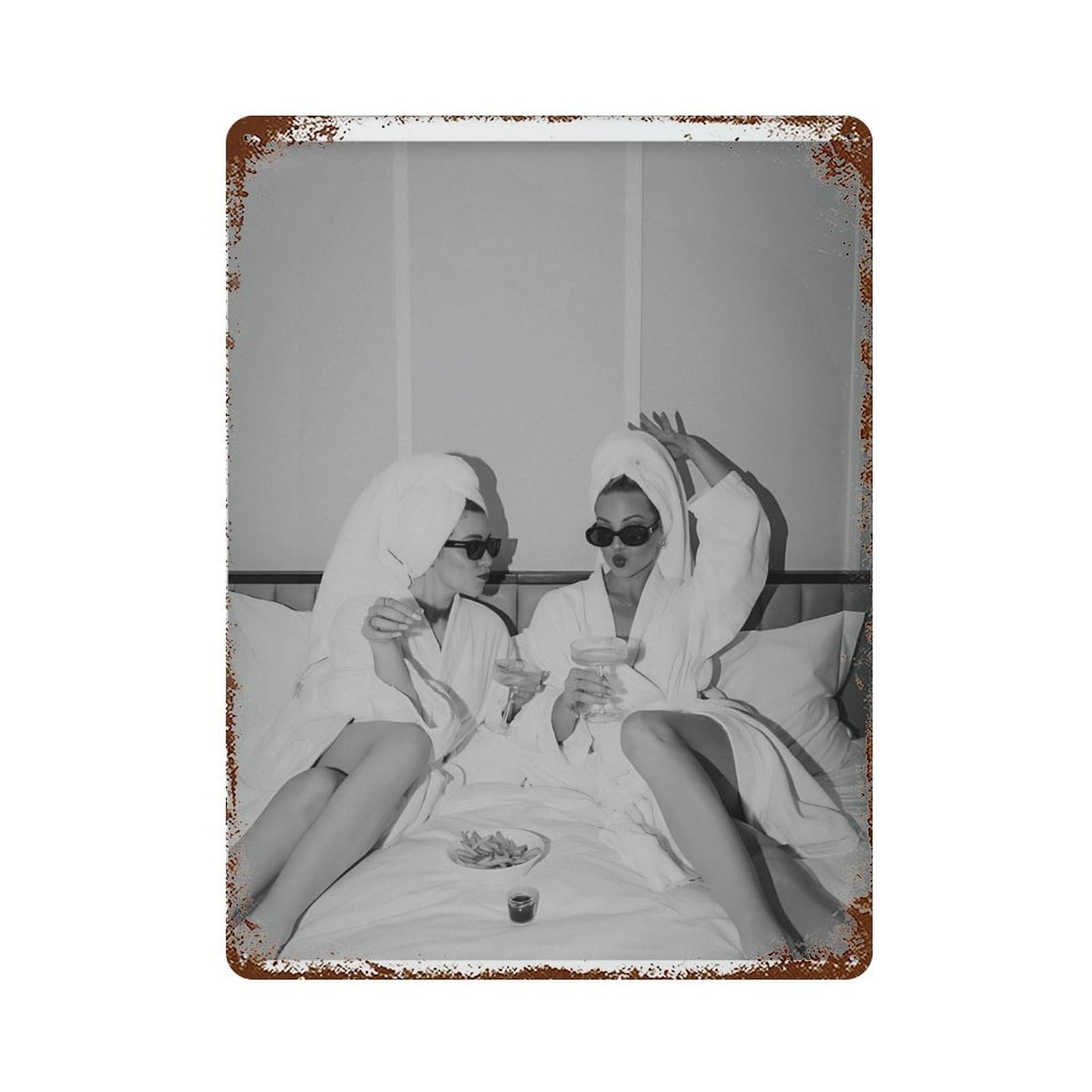 xiaoxiaoshen Woman Drinking Martini in Bed Print Wall Decor Art Metal Tin Poster Modern Home Decor Art Home Bar Shop Decorations Vintage Sign 40x30cm
