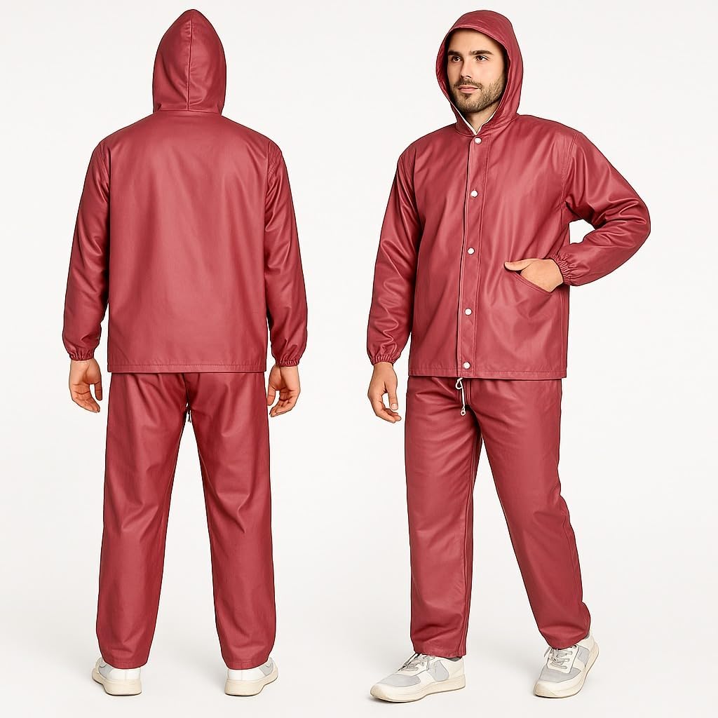 Wood Raincoat Set with Drawstring Hem Adjustable Hood & Pants Rain Gear Wet Weather Protection Rainsuit with Carrying Pouch (XXL, Maroon)