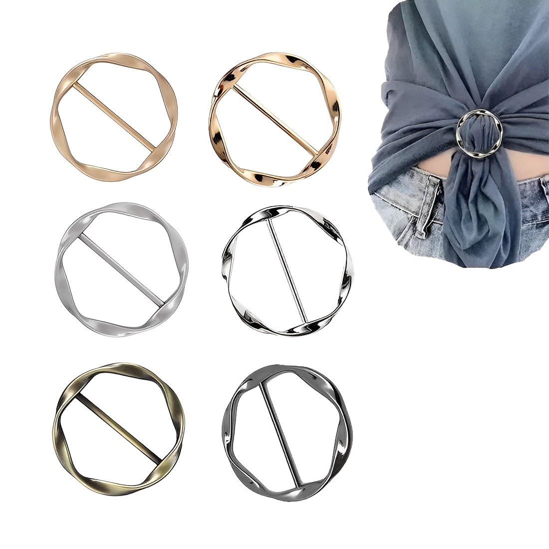 6 pièces boucle de ceinture en métal pour femme, T-shirt clip, boucle, anneau foulard en soie, ourlet nœud chemise pince à cravate, boucles et fermoirs pour filles