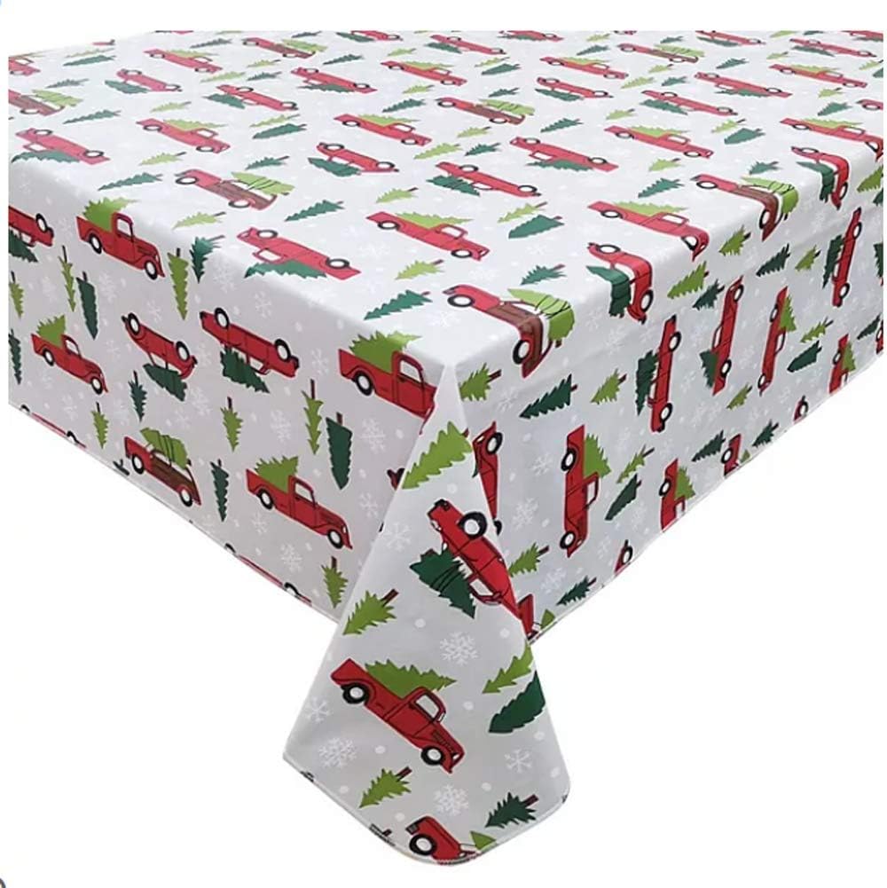 St. Nicholas SquareChristmas Red Truck Vinyl Tablecloth, Polyester Flannel Backing, Cars and Station Wagons with Christmas Trees and Snowflakes, Indoor and Outdoor Use (60 x 84 Oblong)