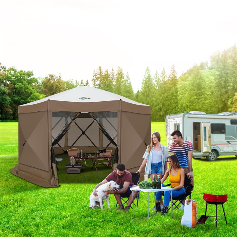 Image of COBIZI 15x15 FT Pop Up Gazebo, Canopy Tent, Large Gazebos On Clearance with Sidewalls, Screened in Gazebo,carpas para Patio,Portable Screen Tents for 12-15 Persons Outdoor Camping, Backyard, Brown