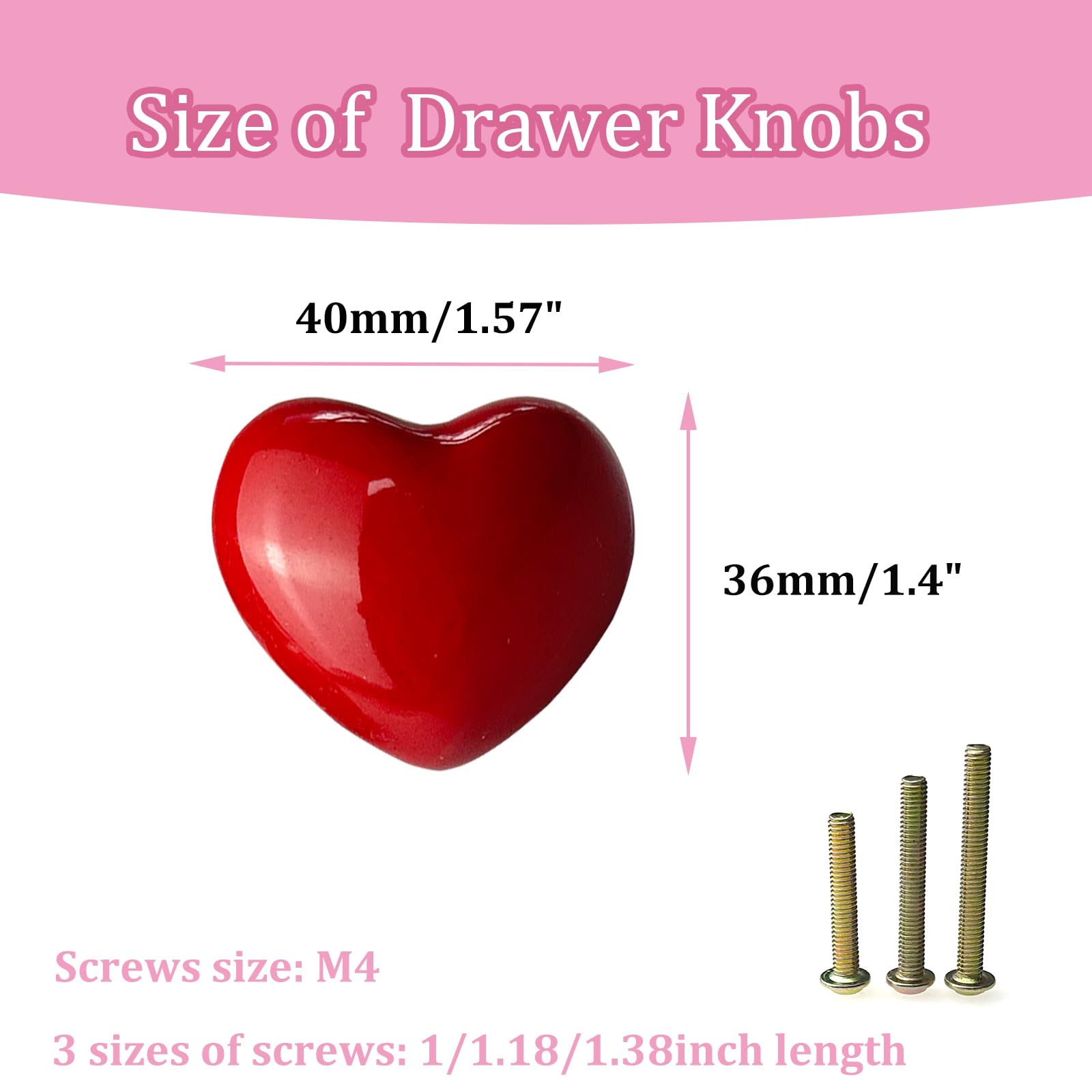 Mimhooy 4 Pack Red Ceramic Drawer Knobs Decorative Cabinet Knobs, Heart Shaped Cupboard Knobs, Knobs for Cupboards & Draws - Image 3