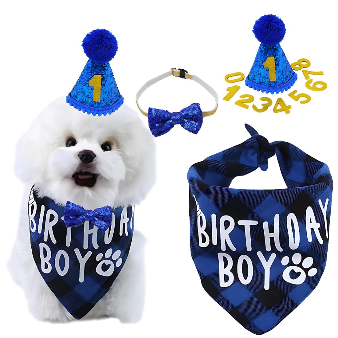Set di cappello e bandana per compleanno cane, 3 pezzi, con 9 numeri glitter, decorazioni per festa cane, bandana compleanno cane, cappellino compleanno cane (Blu)