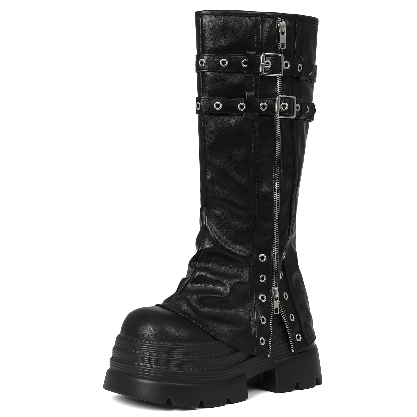 Fold Over Boots Mid Calf Goth Platform Slouchy Combat Fall Wide Calf Pull On Long Tall Fashion Knee