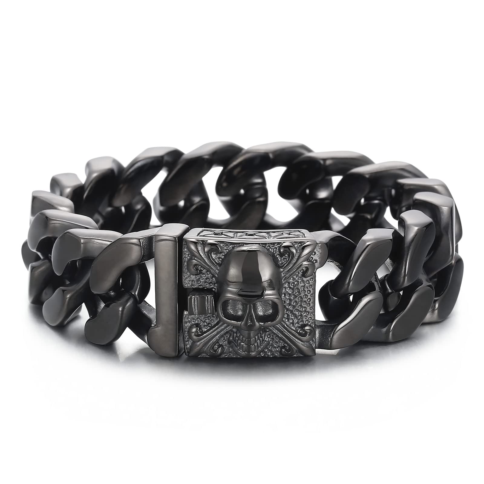 Klapgo Men's Gothic Skull Curb Link Chain Bracelet - Stainless Steel Punk Rock Bracelet for Men, Gothic Jewelry, Unique Gifts for Men, Adjustable