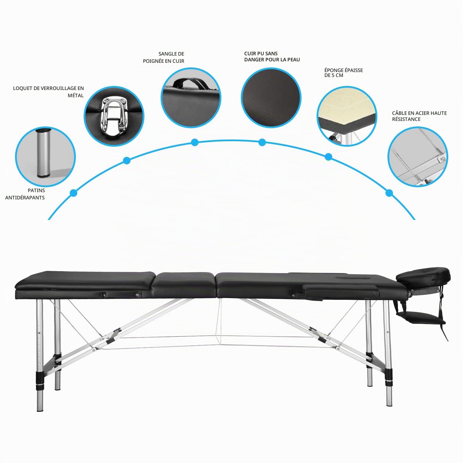 Table de Massage Pliante Professionnelle - Lit de Massage Portable à 3 Sections avec Pieds en Aluminium, Accessoires Amovibles et Sac de Transport - pour Spa, Salon, Tatouage, Cils - 208 cm, Noir