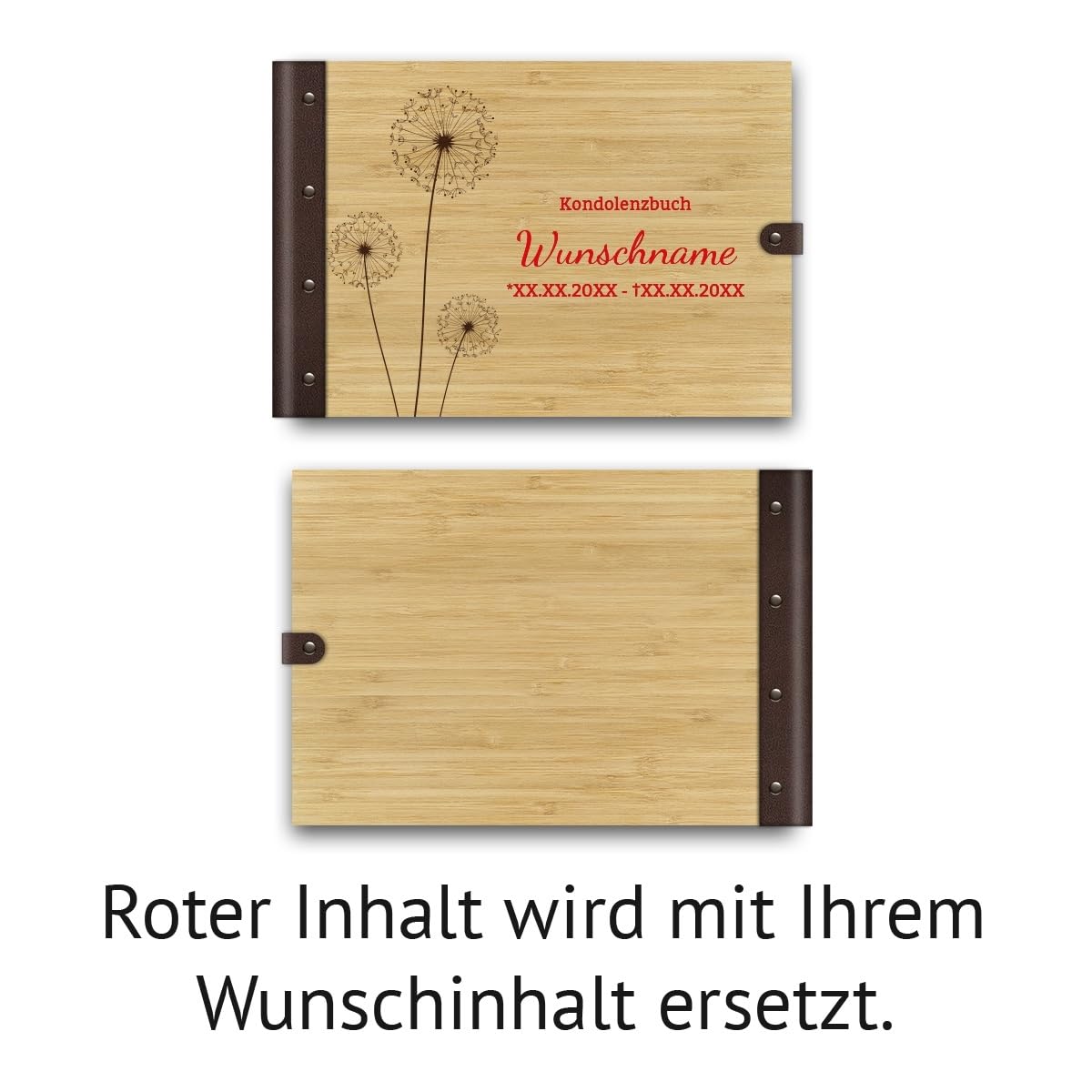 Kartenmachen.de Personalisiertes Kondolenzbuch echtes Holz DIN A4 Gästebuch mit Lasergravur - Pusteblume - mit 72 Blatt / 144 Seiten Naturpapier Weiß