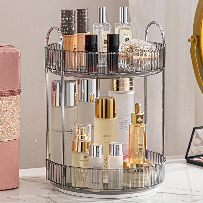 Makeup Organizer for Vanity, 360° Rotating Bathroom Organizer Countertop, High-Capacity Skincare Organizer, Spinning Cosmetics Organizer for Dresser Countertop (2 Tiers, Grey) - Image 2