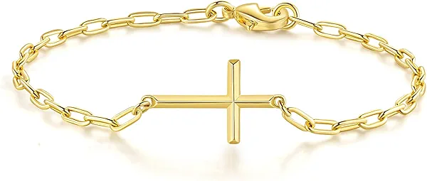 LEMKAY Gold Bracelets for Women 14K Gold Bracelets for Women Cross Bracelet for Womens Stack Clean Modern Chain with Cross Paperclip Chain Bracelet for Womens