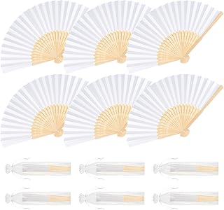 6 Pieces White Hand Held Bamboo Folding Fans Foldable Paper Fans Handheld for Women Girls Wedding DIY Decoration Church Home Party Favors Summer