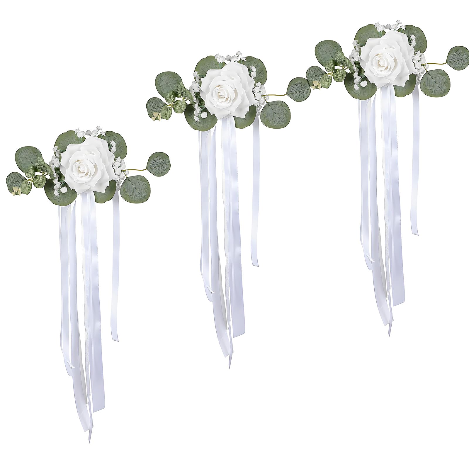 Artificial Rose Chair Decor with White Ribbon Tails, Faux Floral Wedding Accent for Chairs, Vehicles and Aisles Artificial Rose Chair Decor Wedding Flowers Vehicle Floral Accent White Faux Flower