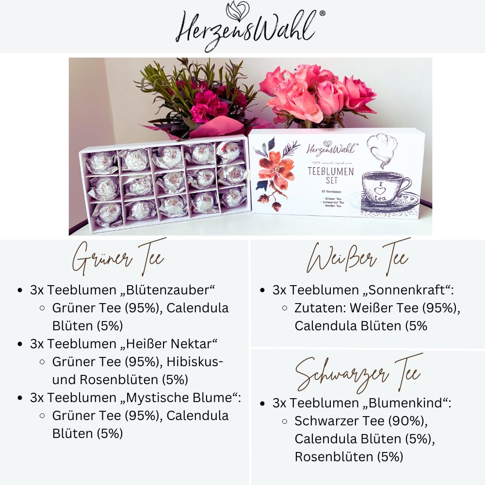 HerzensWahl Coffret cadeau de fleurs de thé - 15 fleurs de thé blanc, thé vert et thé noir dans une boîte à thé - Kit de dégustation de fleurs de thé pour les amateurs de thé avec boîte cadeau