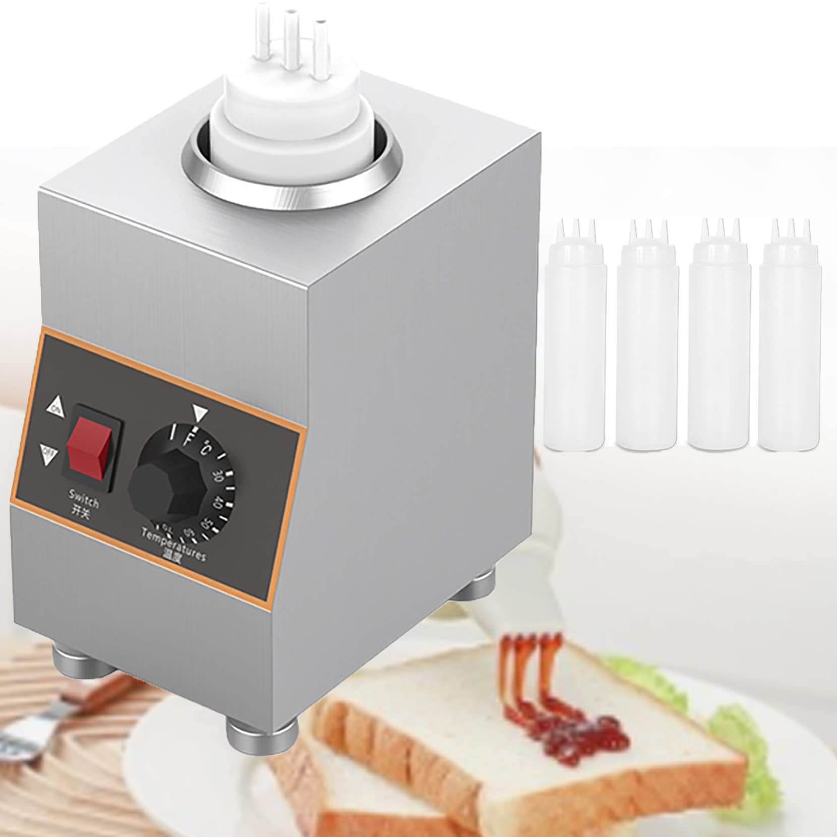 Scaldabottiglie Elettrico Commerciale per Marmellata di Salsa Calda, Dispenser per Salsa da Banco in Acciaio Inossidabile da 240 W con Bottiglia di Peperoncino Piccante,1Grid
