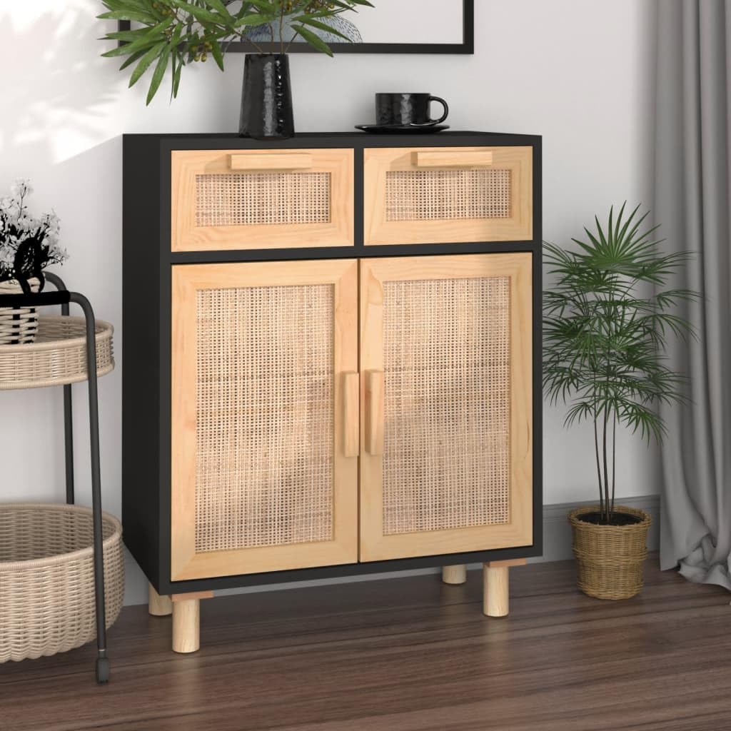 vidaXL Buffet Armoire de Rangement Organisateur de Maison Meuble de Salle de Séjour Intérieur Noir 60x30x75 cm Bois de Pin Massif et Rotin Naturel