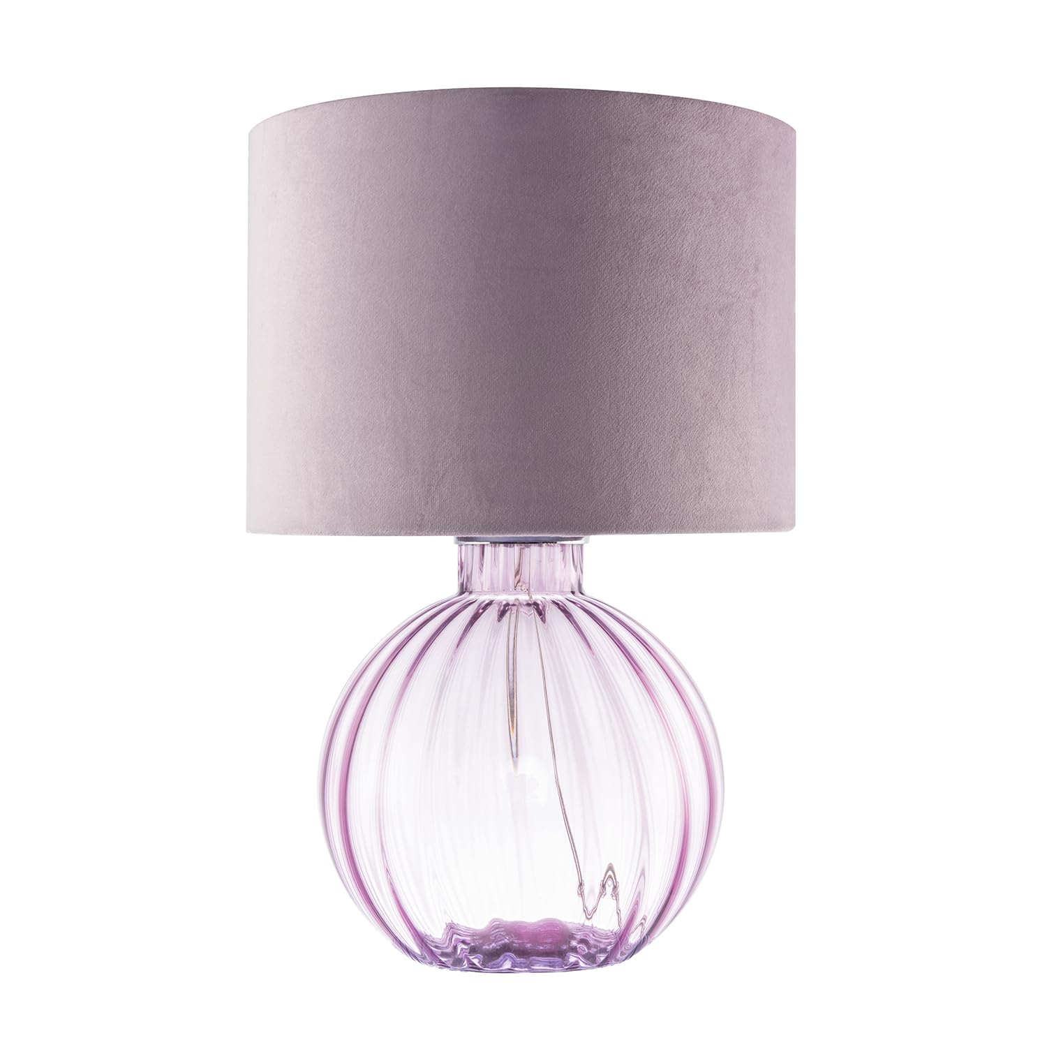 Happy Homewares Table Lamp - Ribbed Glass, Velvet Shade - Purple - 42cm Height