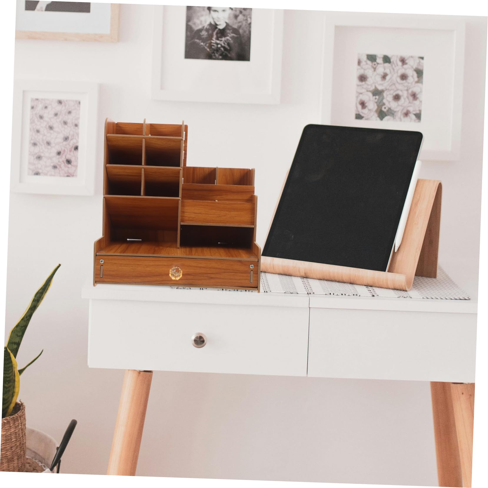 Veemoon Organiseur De Bureau Avec Boîte De Rangement Bois Pour Stylos Ciseaux Et Articles De Papeterie