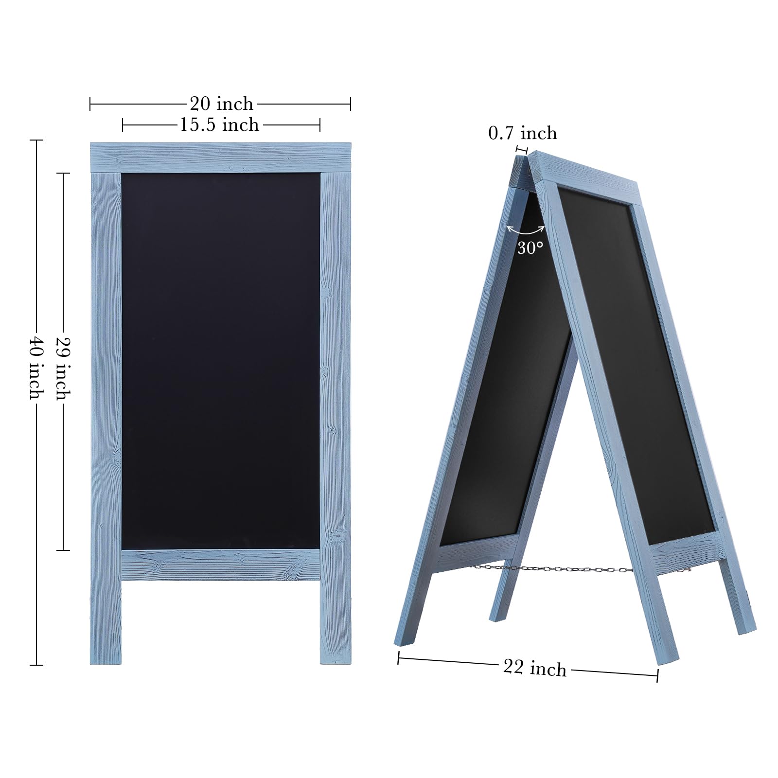 DAHAPYBOO Pizarra sándwich de 40 x 20 pulgadas, madera de pino maciza, color azul rústico, pizarra, pizarra, letreros para exteriores, caballete, letrero de pizarra con marco, pizarra de menú