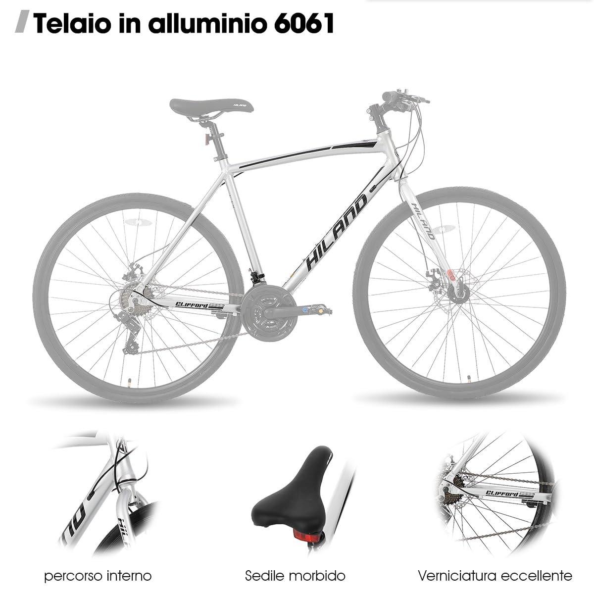 Hiland Bici da Strada City 28 Pollici, Telaio in Alluminio 700C Unisex, Freni a Disco Anteriore e Posteriore, 21 Velocità, Telaio 530/570 mm, Nero/Rosso/Argento