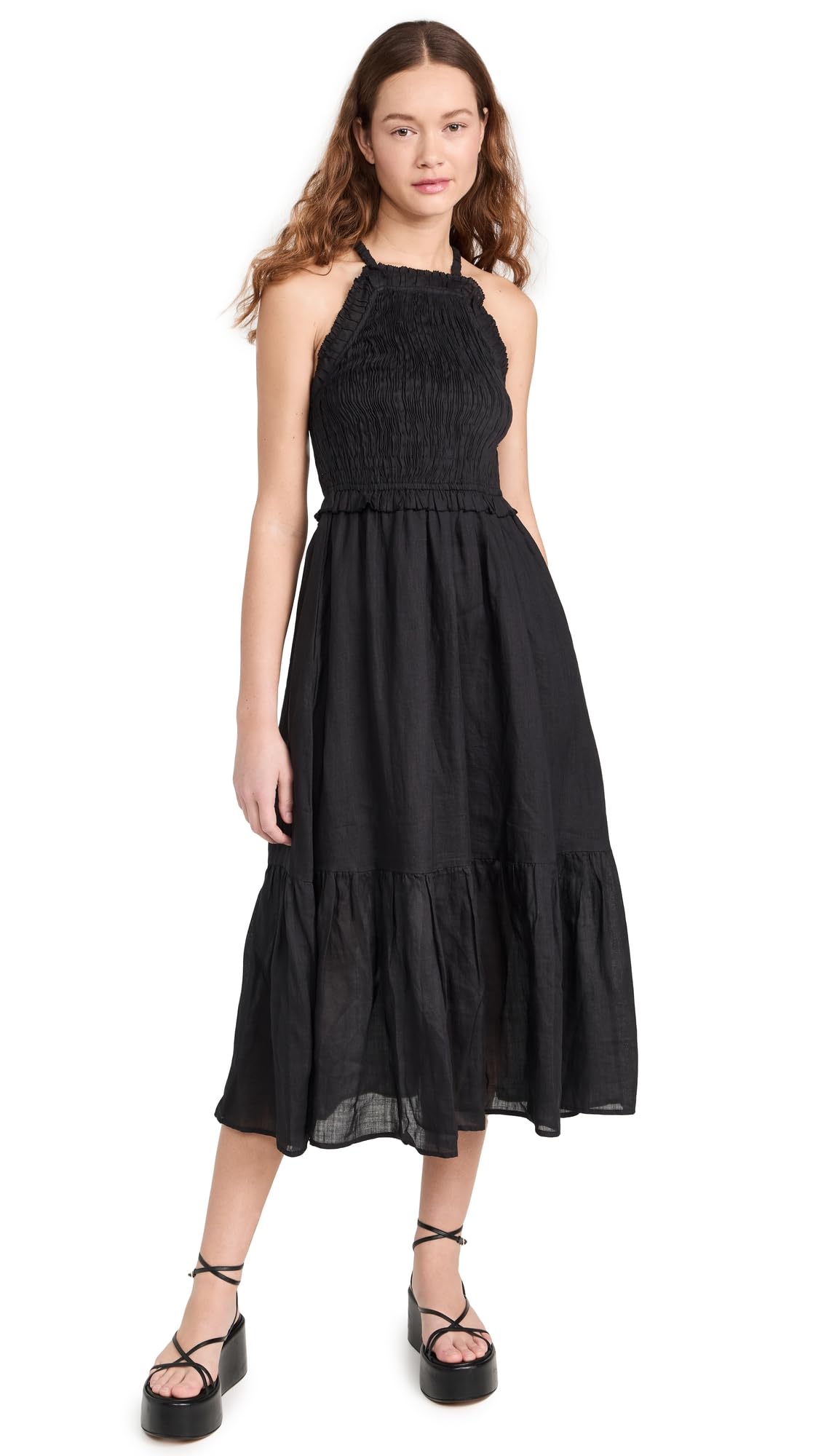 Sea Women's Cole Smocked Ramie Midi Dress, Black, L at Sea Women's Cole Smocked Ramie Midi Dress, Black, L at