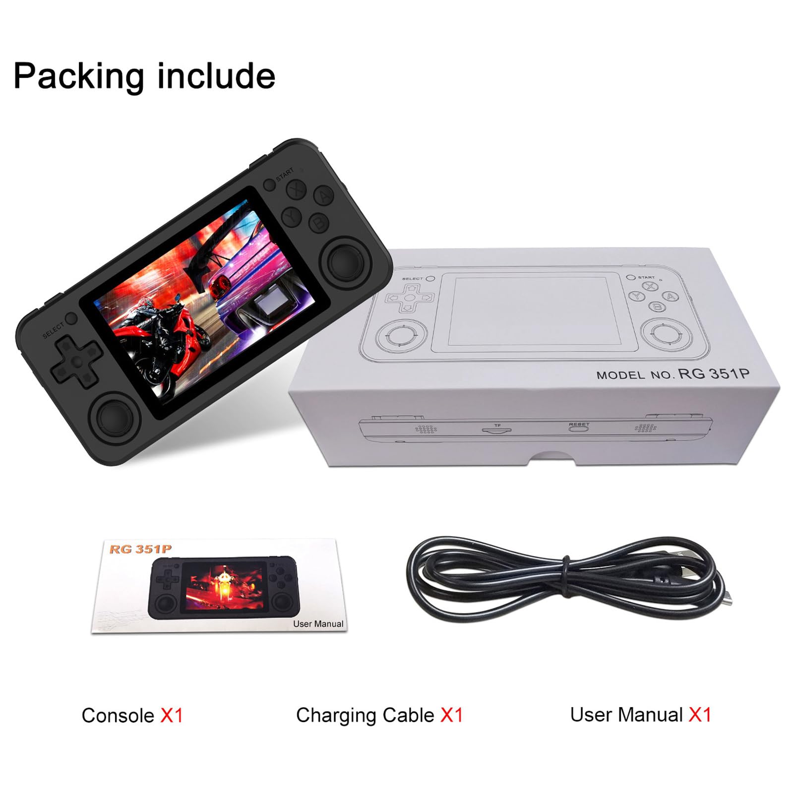 aqxreight RG351P Handheld-Spielekonsole Verschiedene Spiele Hochauflösende Retro-Gaming-Maschine 64G Lila So Vibrierend für die Unterstützung von Konsolen, die Perfekt für Retro-Spieleformate (Black)