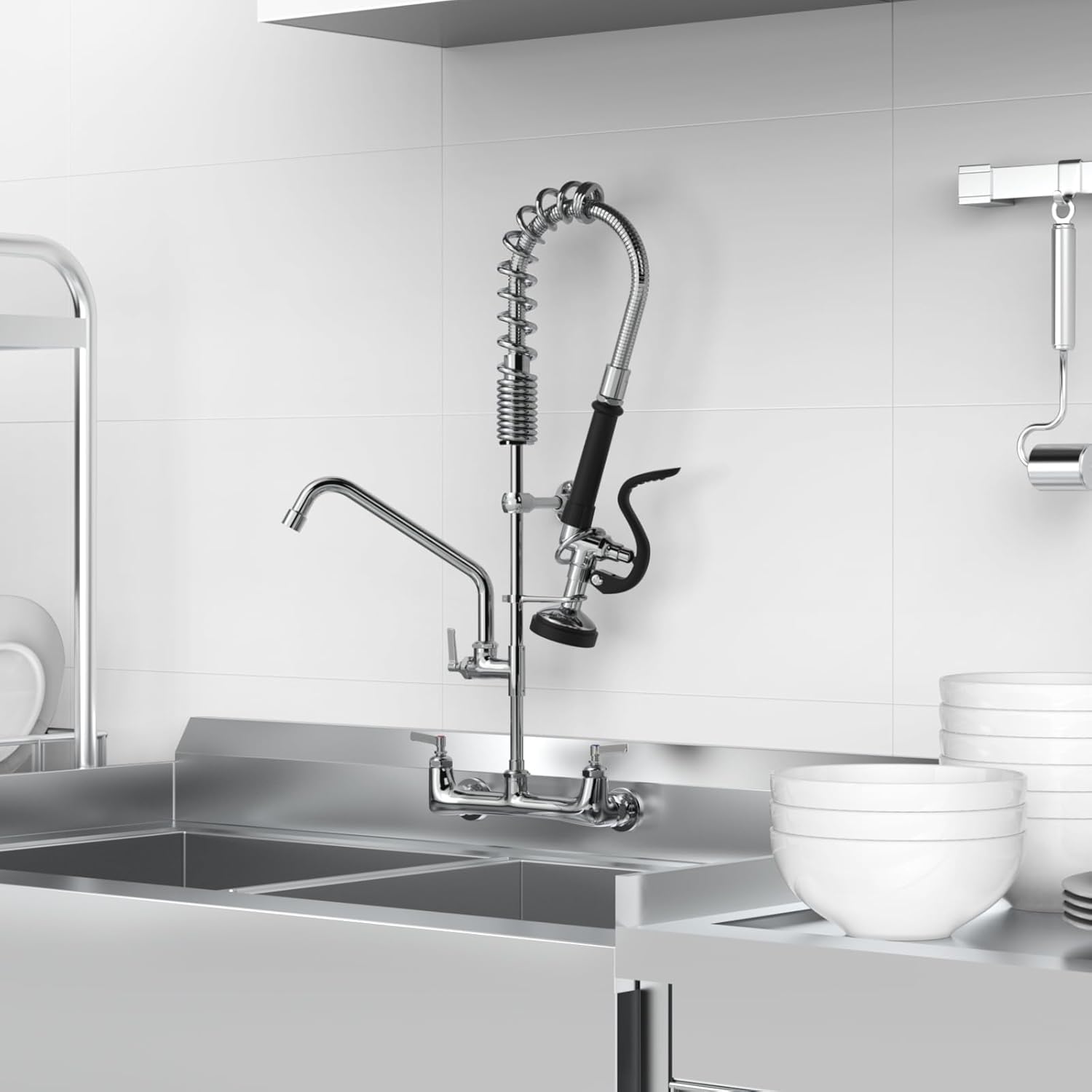 Commercial Sink Faucet with Sprayer for Kitchen : MSTJRY 25'' Height 8'' Center 12'' Spout Wall Mount Sink Faucet with Pre Rinse Sprayer - Brass Constructed Polished Chrome for 1/2/3 Compartment Sink