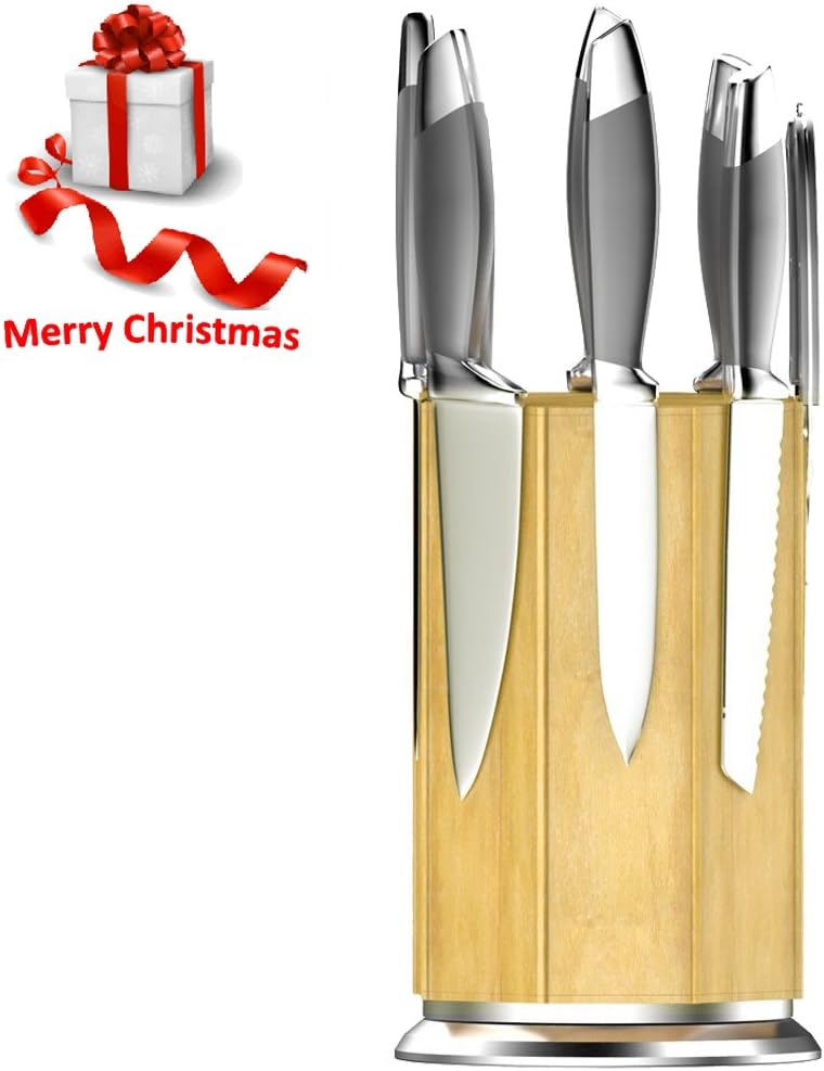 Kniife Block,MEAMOR 360°Rotating Bamboo Magnetic Knife Rack/Holder,uxury Gift and Amazing Handicraft,Stable and Safe - Winner of Kitchen Test,Knife Blocks Without Knives (Natural Bamboo)