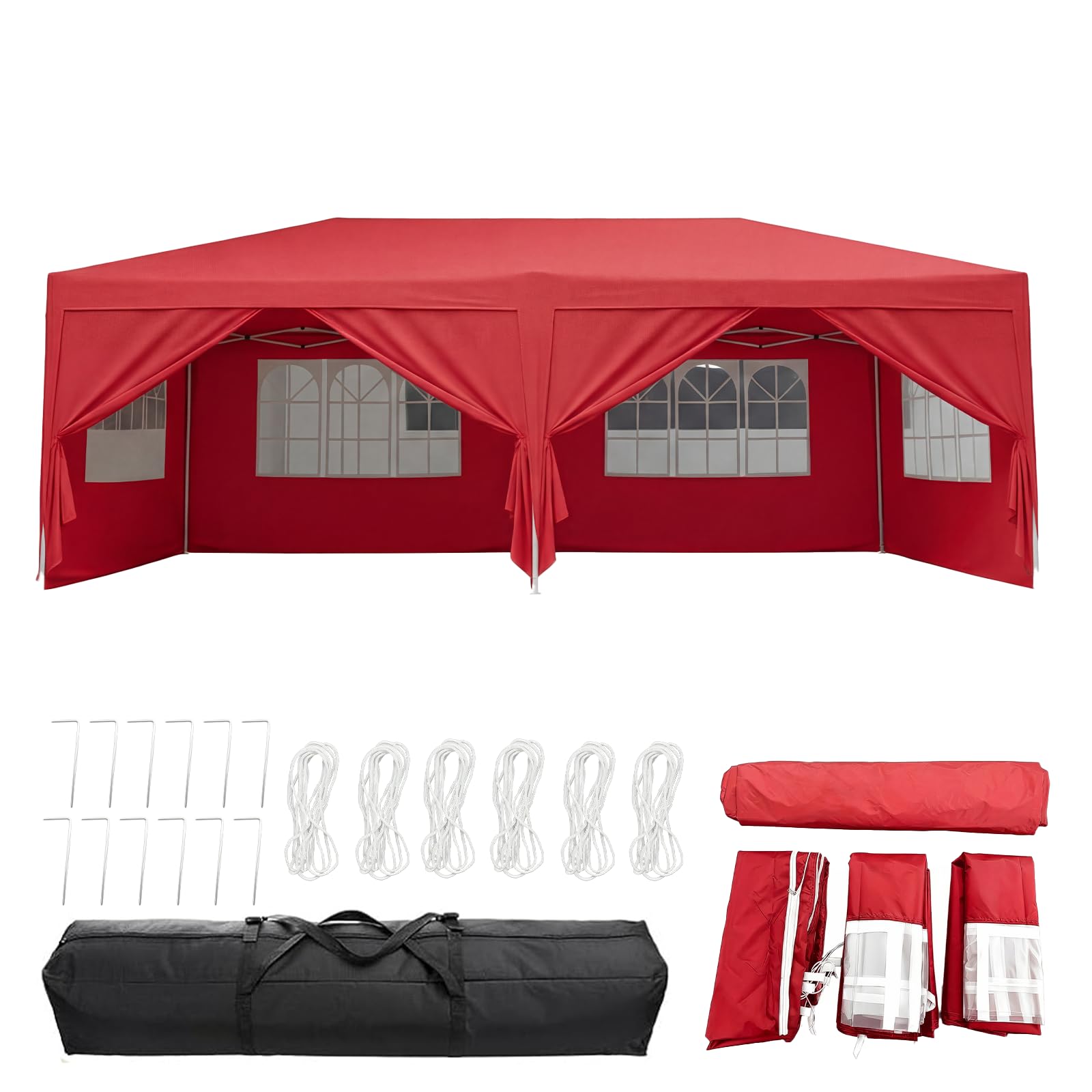 Panana Pop Up Gazebo with Side Panels, 6x3m, Waterproof Canopy Tent with Windows, 3 Height Adjustable Levels, Carry Bag Included (Red)