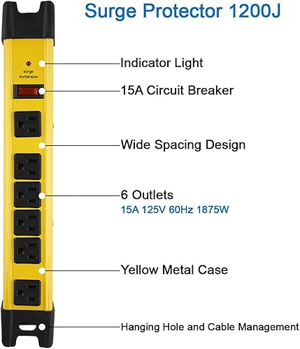 Miniatura 2 de Protector de sobretensiones resistente, regleta de alimentación industrial de 6 salidas con 15 A, tira de alimentación de metal para taller de