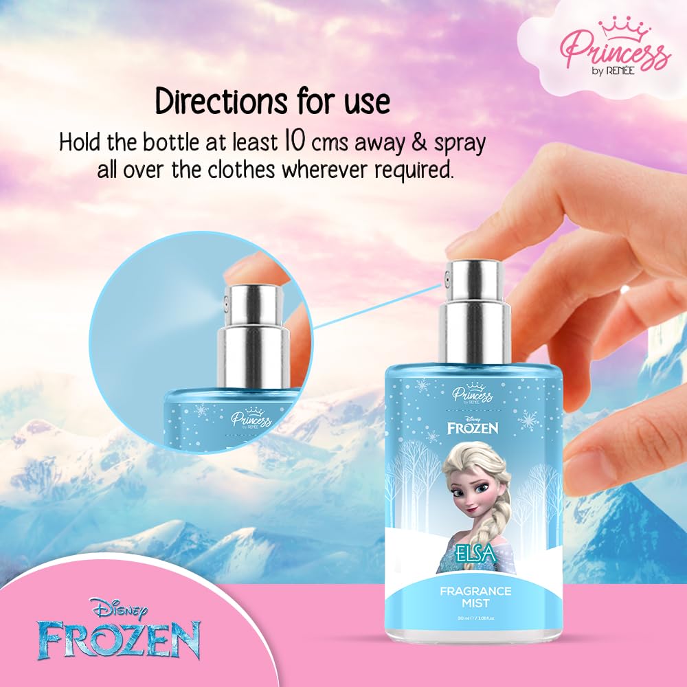 Princess by RENEE Disney Frozen Elsa Fragrance Mist for Pre-Teens, Long Lasting Scent with Fruity & Floral Notes of Melon, Peach & Pineapple, Vanilla & White Musk, Dermatologically Tested, Vegan, Cruelty-Free 30ml 2